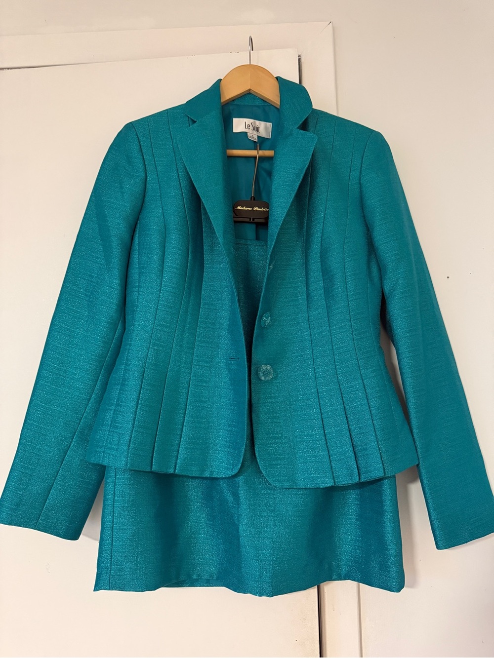Le Suit Teal Pleated Two-Button Blazer